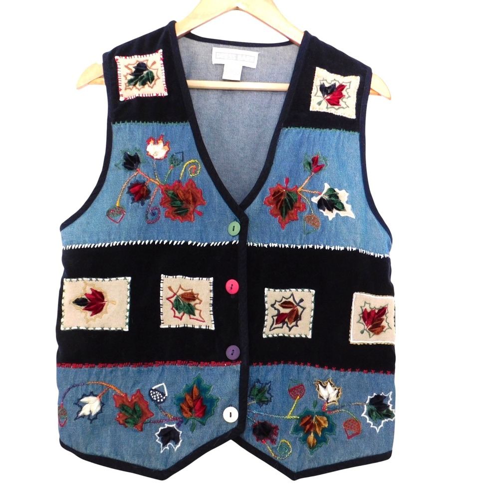 Vintage Velvet Denim Fall Patchwork Vest‎ Embroidered Colorful Size Medium
